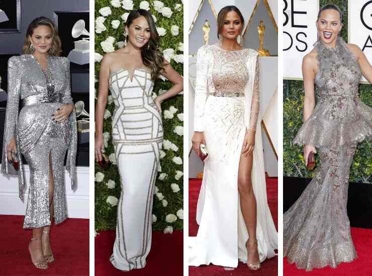 Chrissy Teigen indossa bianco e grigio sul red carpet