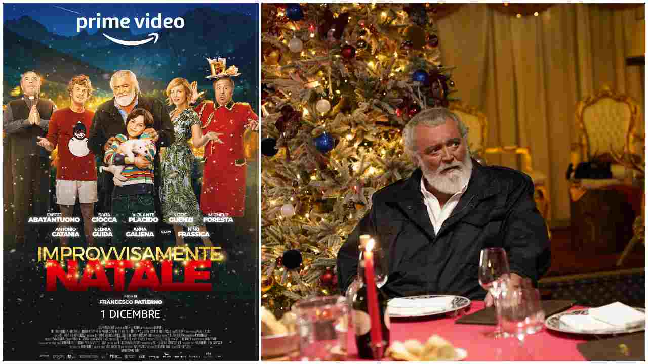 Il poster ufficiale e una foto di scena con Diego Abatantuono da Improvvisamente Natale (Courtesy Press Office) - Velvetmag