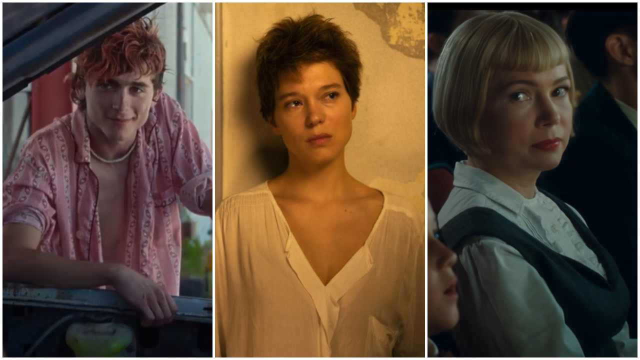 (Da sinistra) Timothée Chalamet in "Bones and All", Léa Seydoux in "Crimes of the Future" e Michelle Williams in "The Fabelmans" (screenshot trailer) - VelvetMag