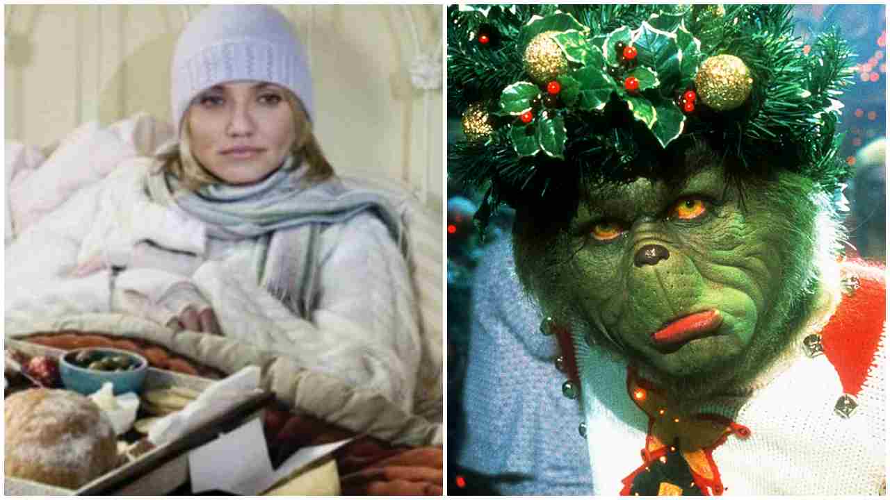 Cameron Diaz ne L'amore non va in vacanza e Jim Carrey ne Il Grinch (Ph. ANSA, dx) - VelvetMag