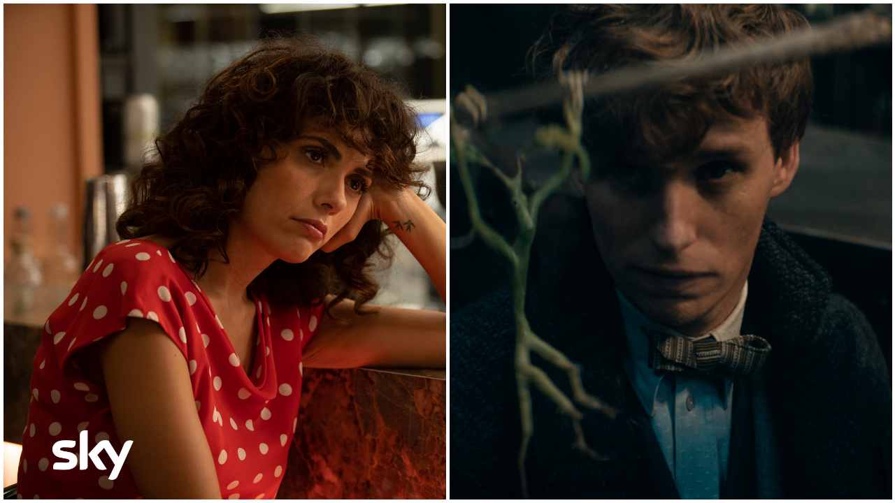 Serena Rossi in Beata te e Eddie Redmayne in Animali Fantastici - I segreti di Silente, in arrivo su Sky (Photocredits: Luisa Carcavalle, sx e © 2022 Warner Bros. Ent. All Rights Reserved Wizarding World™ Publishing Rights © J.K. Rowling WIZARDING WORLD and all related characters and elements are trademarks of and © Warner Bros. Entertainment Inc., dx) - VelvetMag 