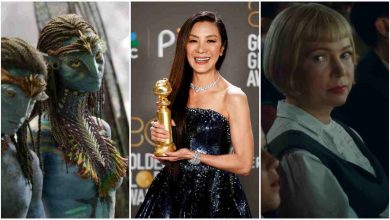 Avatar - La via dell'acqua (20th Century Studios. All Rights Reserved., sx); Michelle Yeoh vincitrice ai Golden Globes per "Everything Everywhere All at Once" (EPA/CAROLINE BREHMAN); Michelle Williams in "The Fabelmans" - VelvetMag