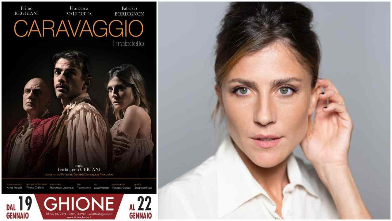 La locandina dello spettacolo "Caravaggio-il maledetto" (a sinistra), Francesca Valtorta, a destra (Credits: Paolo Palmieri) - VelvetMag