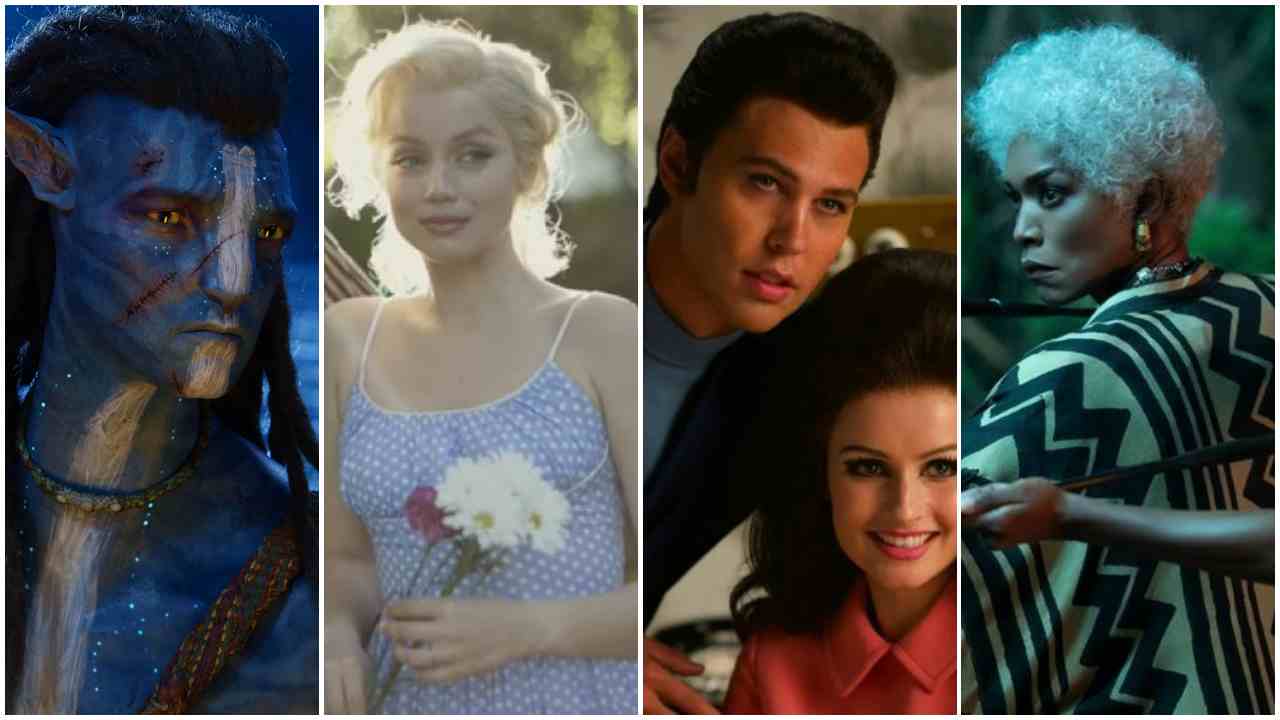 (Da sinistra) Avatar - La via dell'acqua, (ANSA/UFFICIO STAMPA); Ana De Armas è Marilyn Monroe in "Blonde" (screenshot trailer); Austin Butler e Olivia DeJonge sono Elvis e Priscila Presley in "Elvis" (web source); Angela Bassett è Ramonda in "Black Panther: Wakanda Forever", in vetta tra i pronostici degli Oscar 2023 - VelvetMag