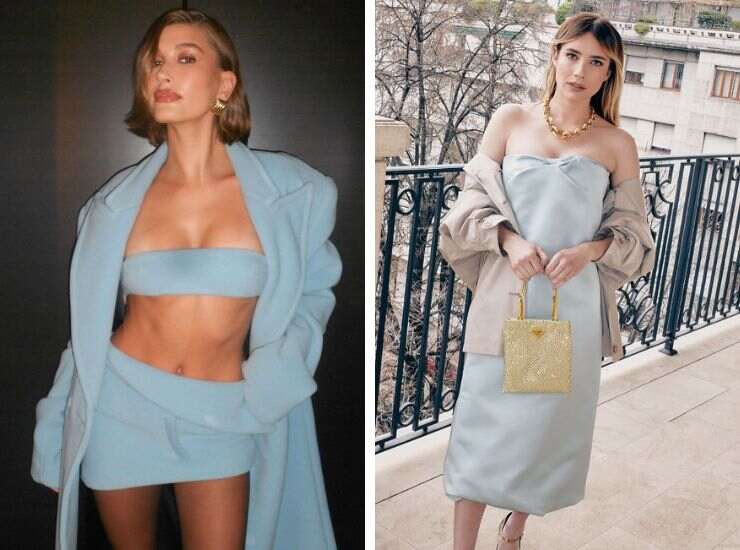 Hailey Bieber azzurro pastello