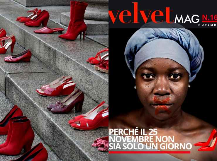 Violenza donne: scarpe rosse su scalinata teatro Regio di ParmaIn occasione della giornata mondiale contro la violenza sulle donne, 25 novembre 2019. La copertina di VelvetMAG del novembre 2021 dedicata al tema