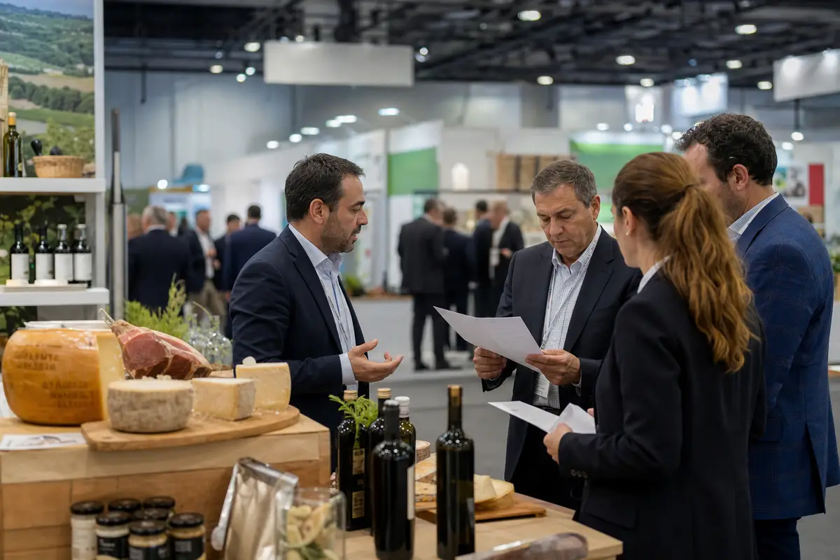 Buyer e produttori discutono su un listino a uno stand con formaggi, olio e vino in una fiera alimentare
