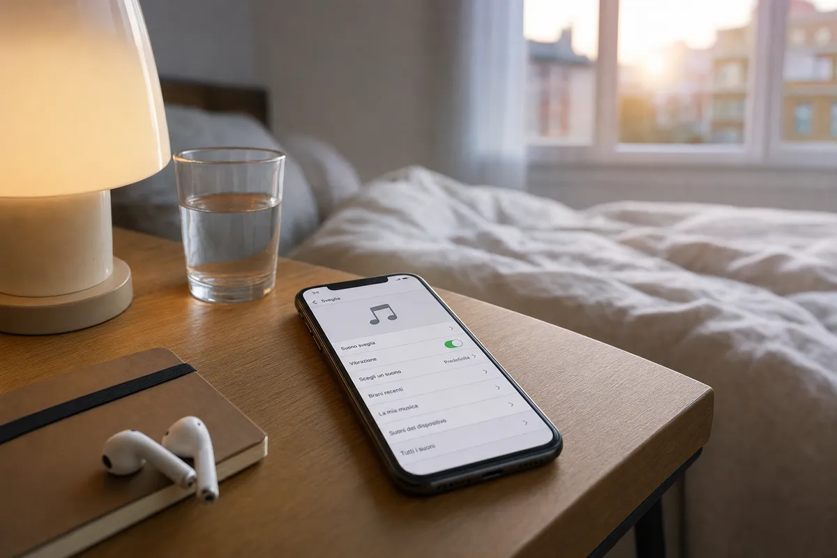 Smartphone sul comodino con schermata di selezione del suono della sveglia, accanto a lampada, bicchiere e auricolari