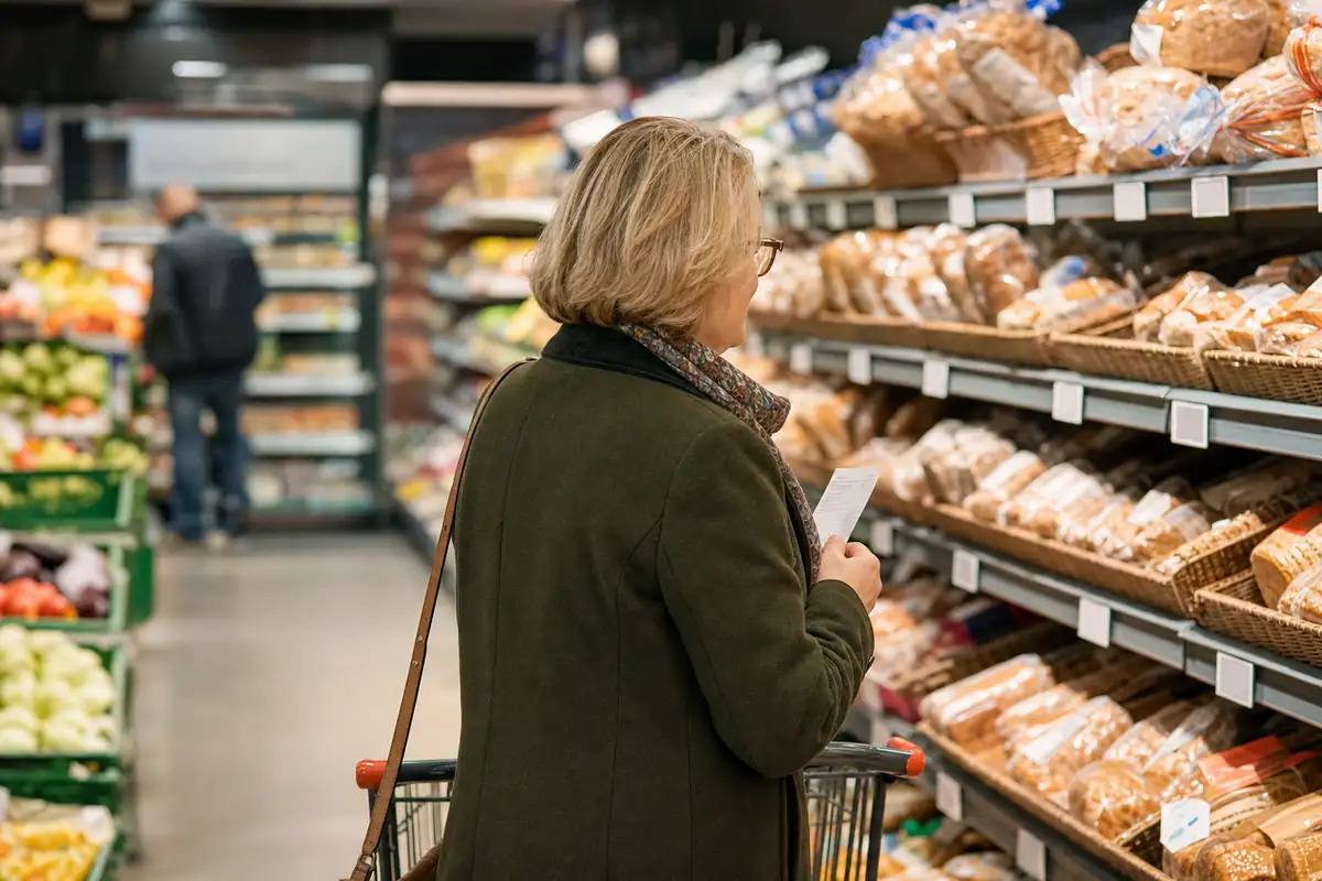 Donna con carrello controlla una lista davanti allo scaffale del pane in un supermercato