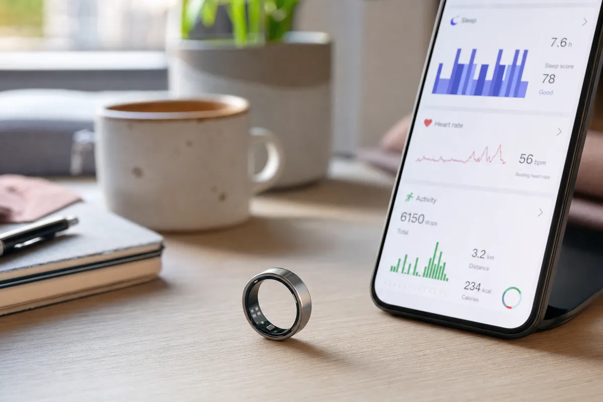 Anello smart su una scrivania accanto a uno smartphone con grafici di sonno, frequenza cardiaca e attività