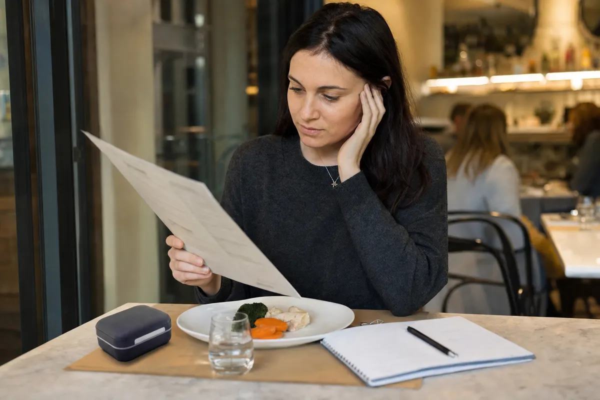 Donna al ristorante legge il menu davanti a un piatto porzionato, con quaderno e penna sul tavolo