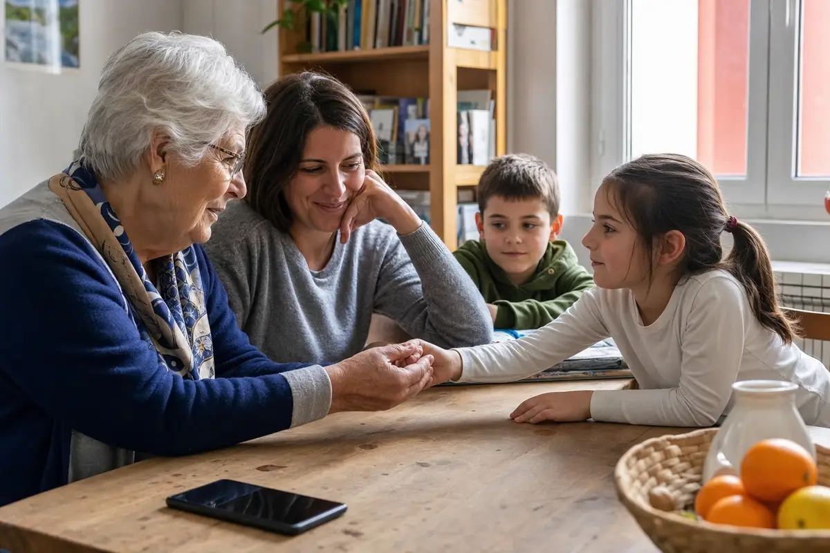 Nonna tiene la mano a una bambina al tavolo di cucina, con madre e fratellino accanto e smartphone sul tavolo