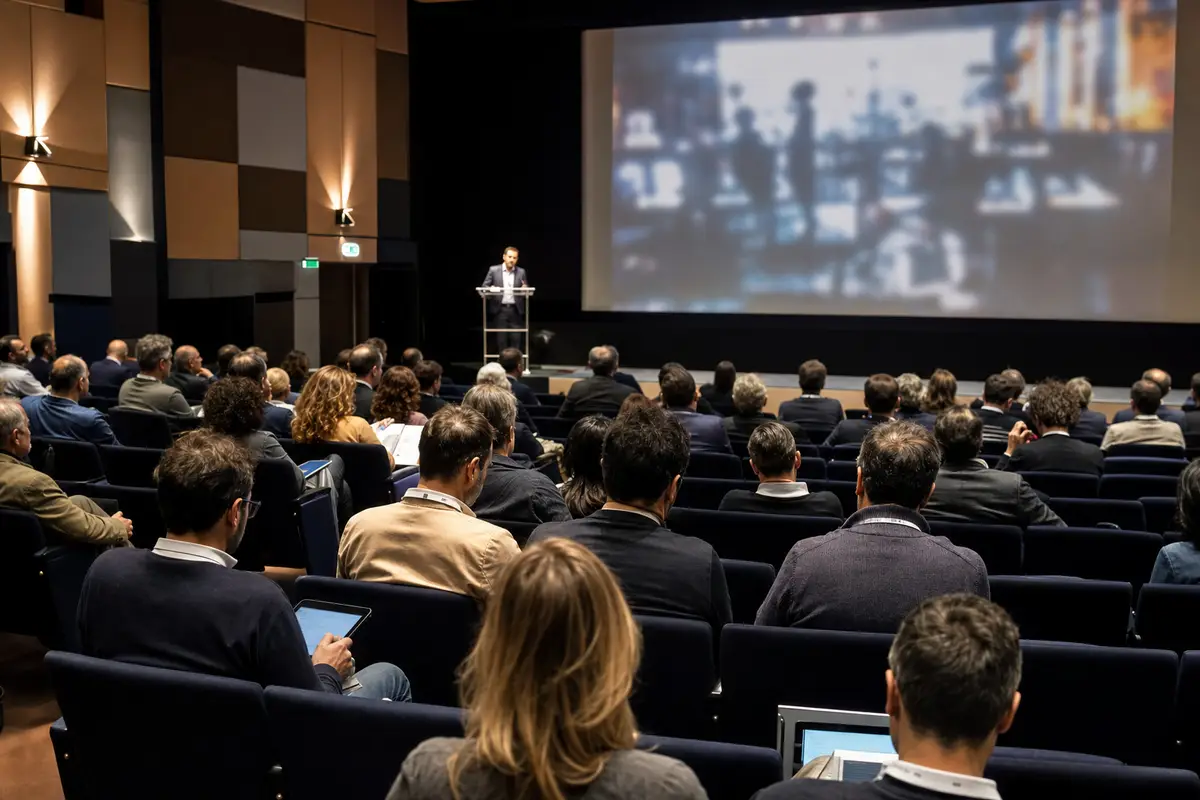 Sala conferenze con pubblico seduto e relatore al leggio davanti a un grande schermo di proiezione