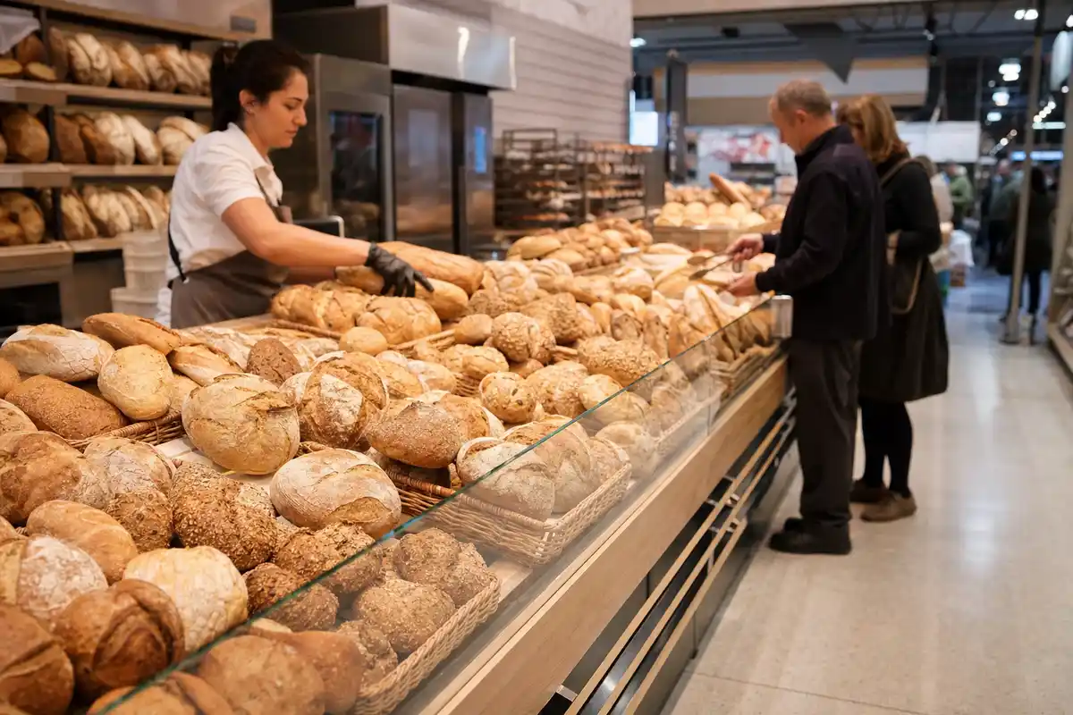 Banco panetteria di supermercato con molte pagnotte e pane speciale; un addetto serve mentre un cliente sceglie con le pinze