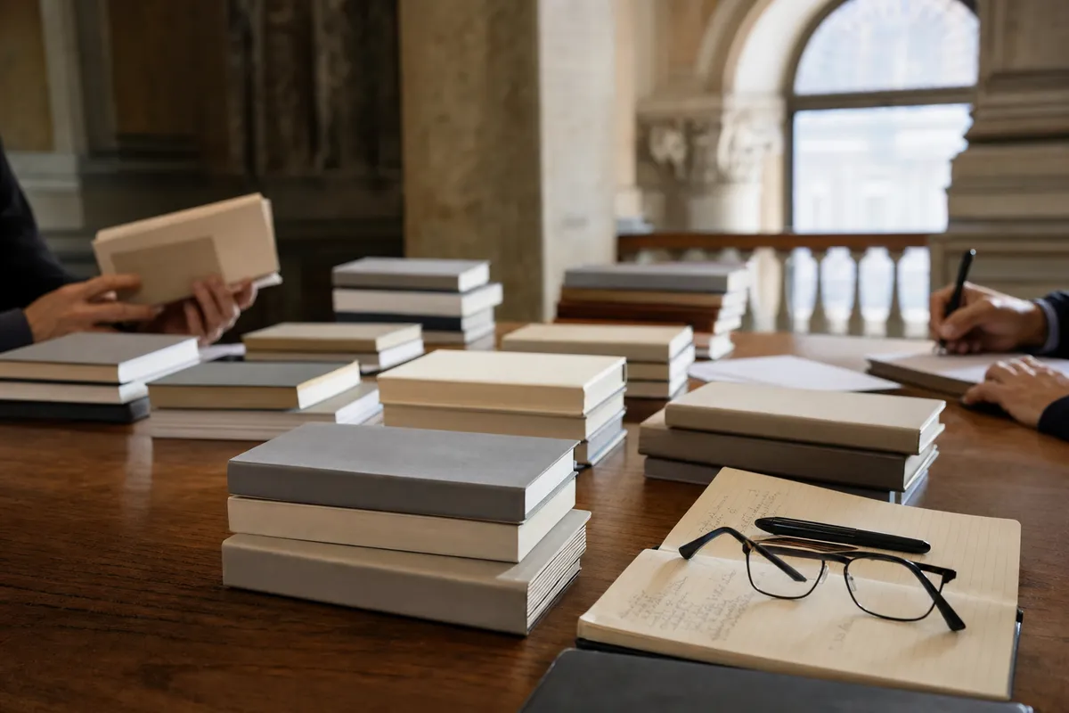 Pile di libri senza titoli su un tavolo di legno, con quaderno, penna e occhiali in una sala istituzionale