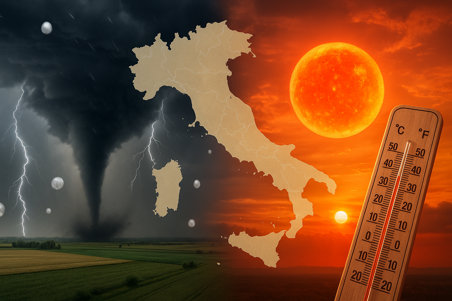 Caldo estremo e meteo pazzo: temporali, grandine e tornado al Nord, bollino rosso in 15 città