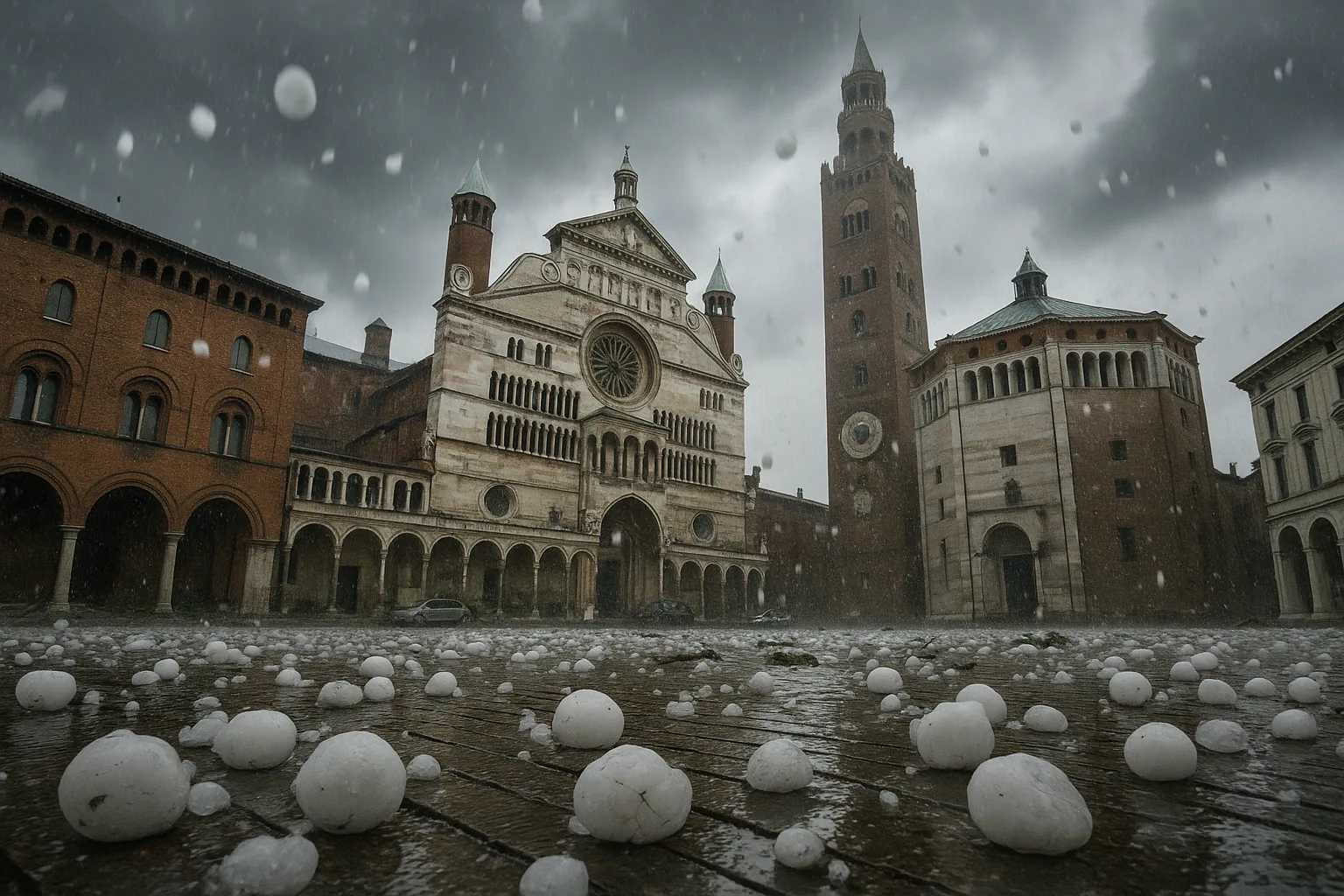 Grandinata devasta Cremona: 10mila auto danneggiate, crolla una guglia del Duomo