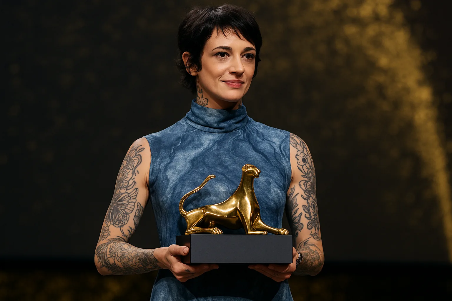 Asia Argento a Locarno: il premio alla carriera e il look marble blue di Jil Sander